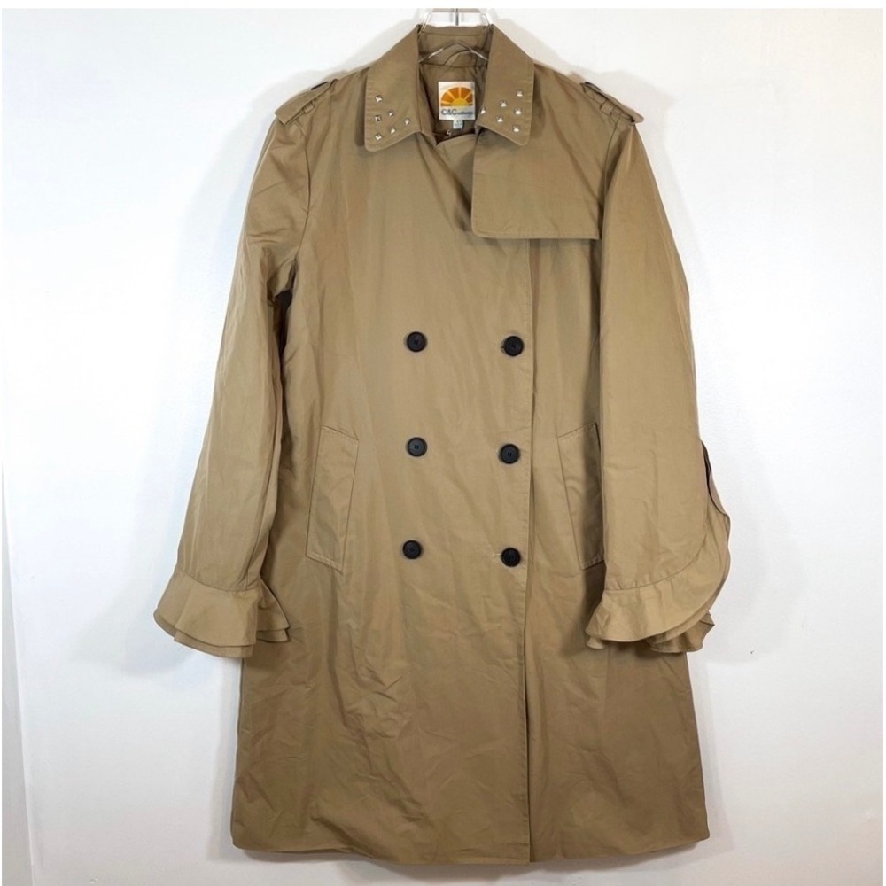 C&C California Tan Double Breasted‎ Trench Coat Studded Collar Ruffle Cuff Large